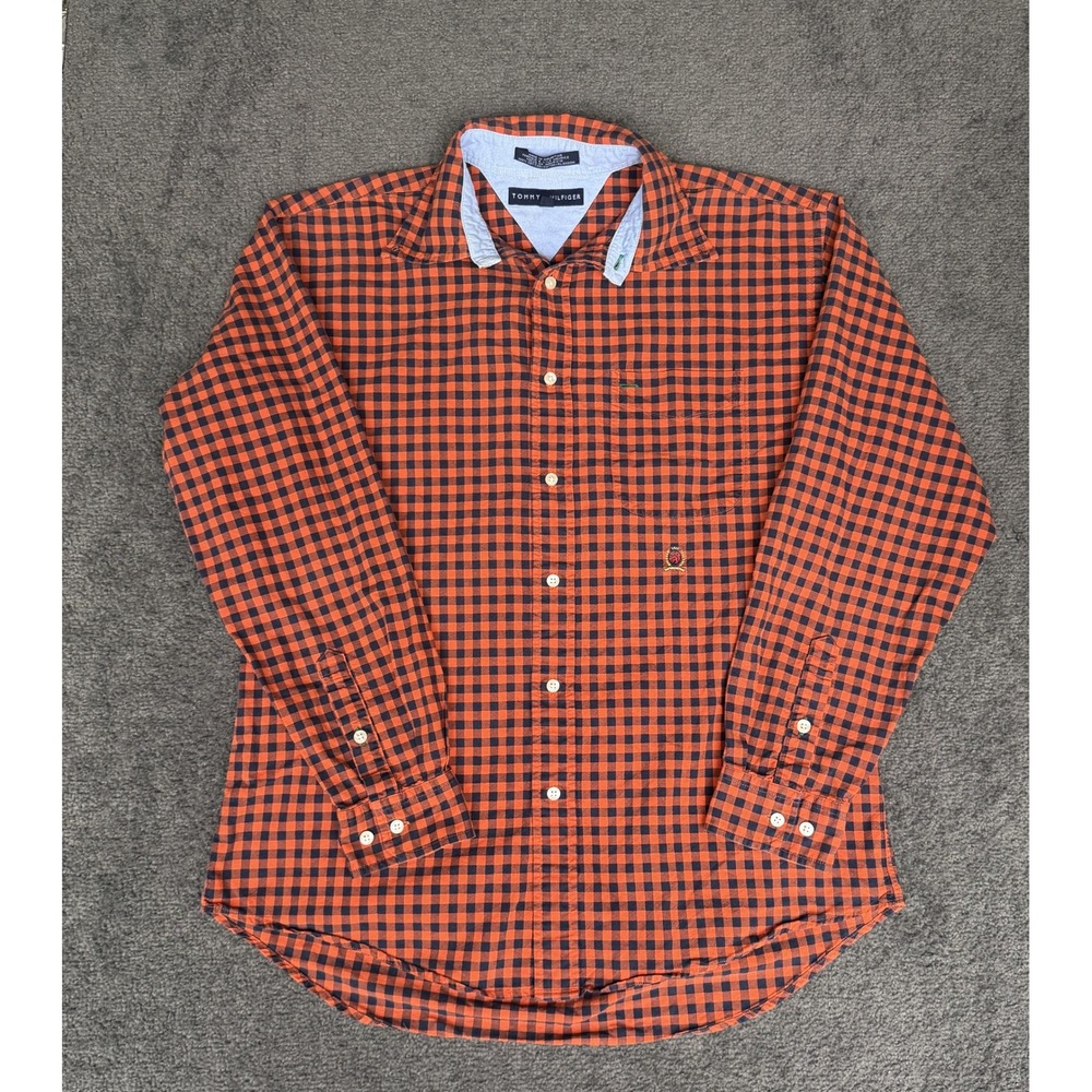 Tommy Hilfiger Mens Orange Navy Gingham Check Cotton Button Down Shirt Size M